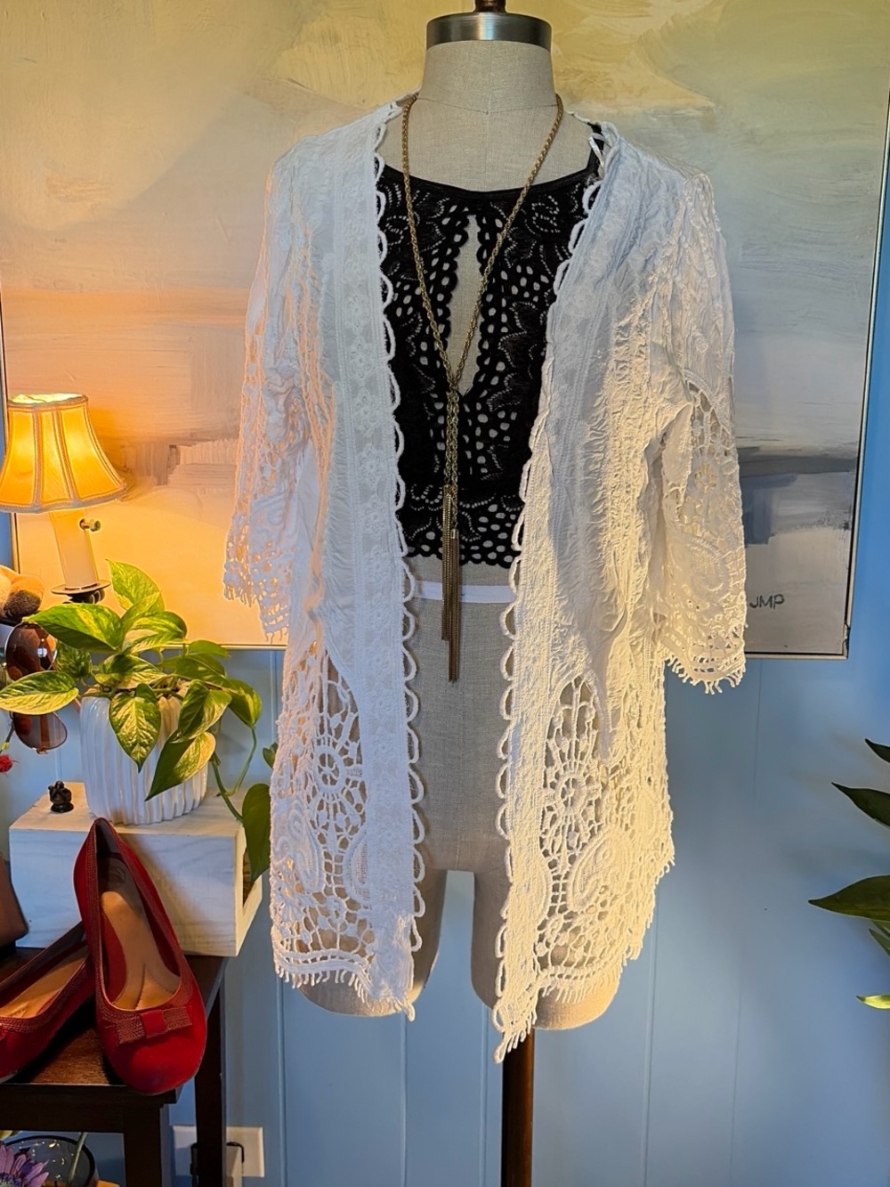 Solitaire White Crochet Kimono Coverup